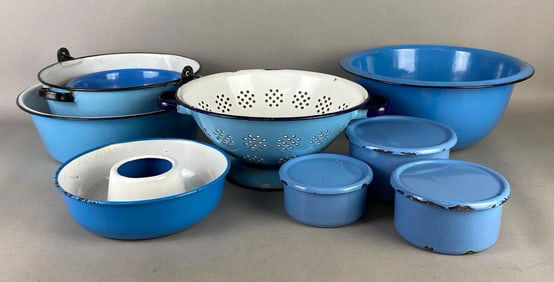 Group of Blue Enamelware Kitchen Items