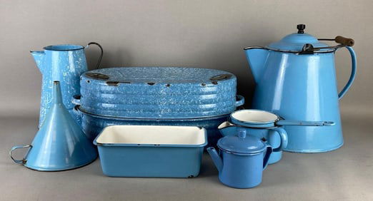 Group of Blue Enamelware Kitchen Items