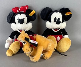 Group of 3 Steiff Disney Mickey, Minnie, and Pluto Plushes