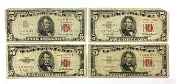 Group of 4 $5 Red Seal US Notes