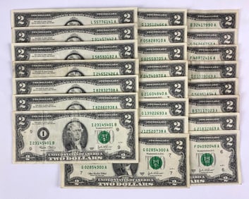 Group of 23 $2 Green Seal Federal Reserve Notes