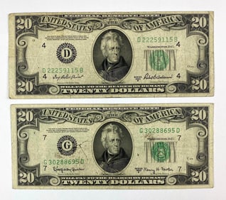 Group of 2 1950 A $2 Green Seal Federal Reserve Notes with Plate Shift Errors