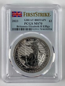 2023 First Strike Great Britain Elizabeth II 2 Pound PCGS Graded MS70 Britannia 1 oz .999 Fine