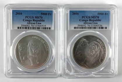 Group of 2 2016 PCGS Graded MS70 Congo Republic African Lion 5000 Francs 1 oz .999 Fine Silver
