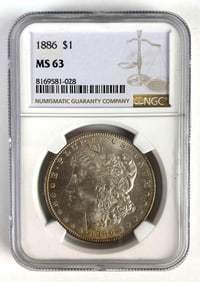 NGC Graded 1886 US $1 Morgan Silver Dollar MS63