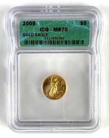ICG Graded 2005 US $5 Gold Eagle 1/10oz .999 Fine Gold Coin MS70