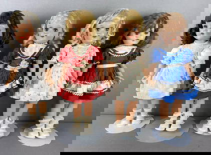 Group of 4 Vintage Ideal Toni P90 Dolls: Includes 2 green, 1 blue and 1 hazel sleepy eyes. 2 Blonde 1 auburn and 1 brunette. All fingers are intact. Includes only 2 stands. Largest measures 14 1/2 inches tall.