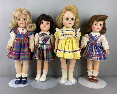 Group of 4 Vintage Ideal Toni Dolls: Includes 4 blue sleepy eyes. 2 blonde, 1 auburn and one brunette. 2 P-91 and 2 P-90. All fingers are intact. Does not include stands. Largest measures 16 inches tall.