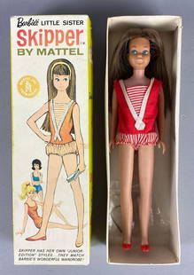 1963 Mattel Barbies Little Sister Skipper Brunette Fashion Doll with Box: Complete set with original box, Stock No. 0950, Some tears in box, Box measures 10 x 3 1/4 x 1 3/4 inches, Doll measures 9 inches tall.