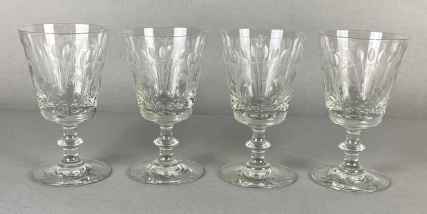 Set of 4 Clear Crystal Glass Stemmed Leaf Water Goblets: All measures 6 1/4 x 3 3/4 x 3 3/4 inches.
