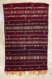 Latin American Woven Tapestry: Some fringe missing, measures 58 x 37 inches