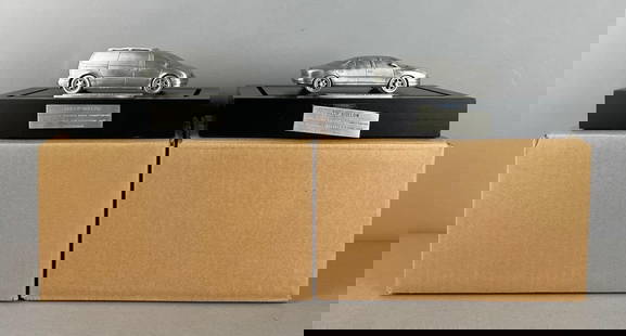 Pair of 1999 Oldsmobile Pewter Sales Award Cars: Includes 1/43 scale silhouette and intrigue, mounted on bases with original boxes and shipping box