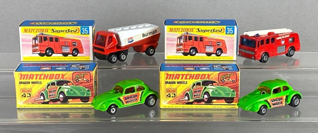 Group of 4 Matchbox Die-Cast Vehicles: 3 with original boxes, Includes No. 35 Merryweather Fire Engine, No. 43 Dragon Wheels, and No. 63 Freeway Gas Tanker.