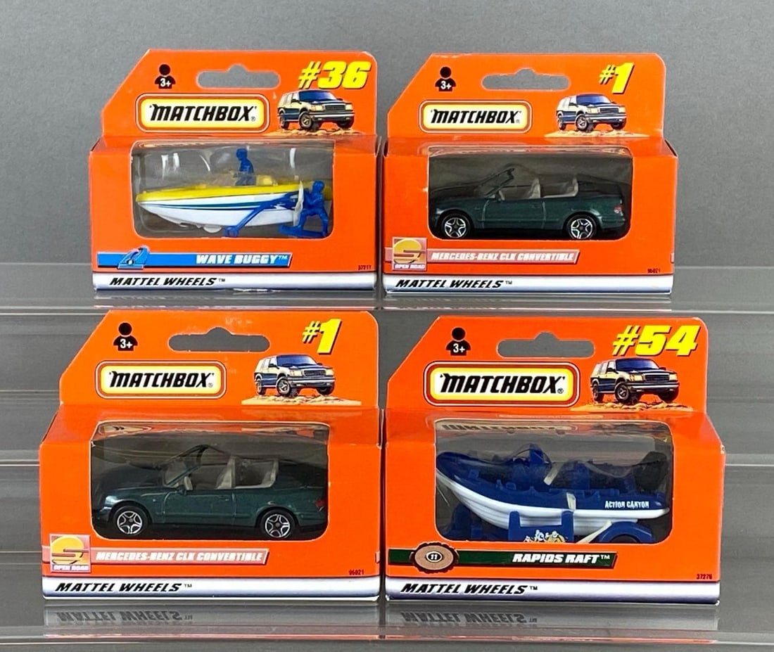 Group of 4 Matchbox Die-Cast Vehicles: In original packaging, Includes No. I Mercedes-Benz CLK Convertible, No. 36 Wave Buggy, and No. 54 Rapids Raft.