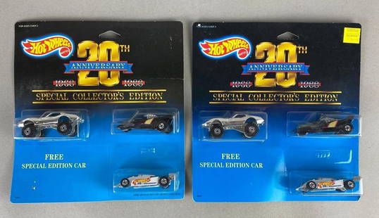 Group of 2 Hot Wheels 20th Anniversary Special Collectors Edition Die-Cast Vehicle Sets: 1987, Mattel, Packaging measures 9 x 8 1/2 x 1 1/2 inches.
