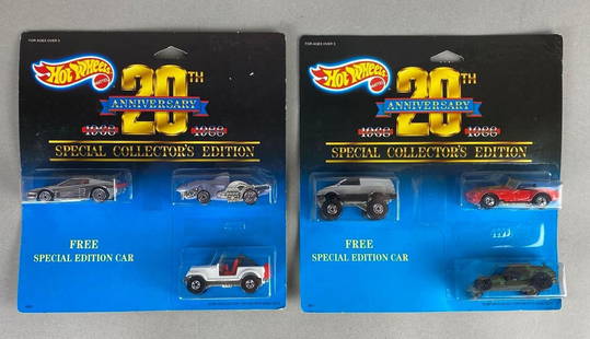 Group of 2 Hot Wheels 20th Anniversary Special Collectors Edition Die-Cast Vehicle Sets: 1987, Mattel, Packaging measures 9 x 8 1/2 x 1 1/2 inches.