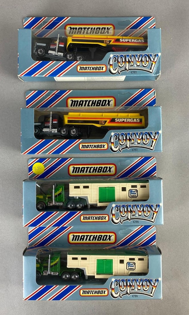 Group of 4 Matchbox Convoy Die-Cast Vehicles: Includes No. CY6 Kenworth Horsebox Transporter, and No. CY7 Peterbilt Petrol Tanker, Packaging measures 3 3/4 x 8 x 1 3/4 inches.