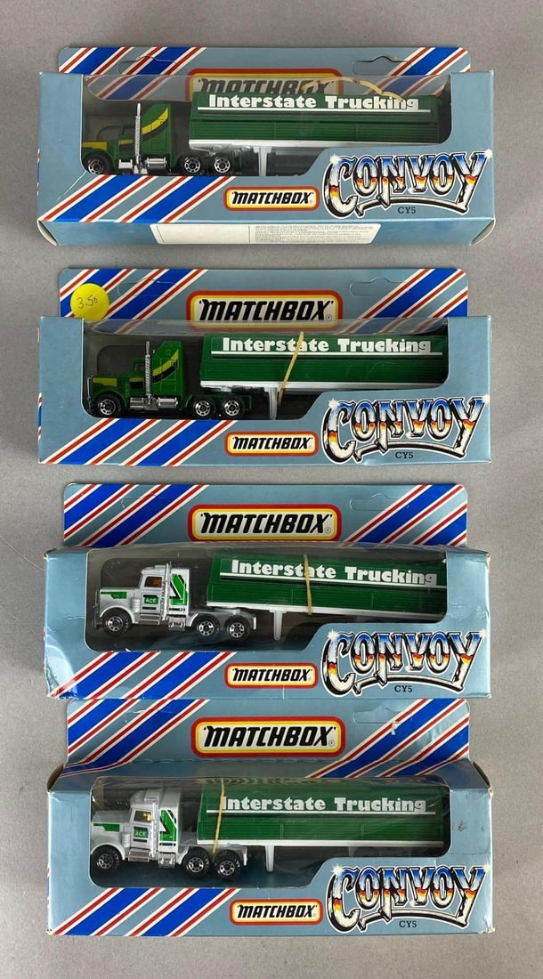Group of 4 Matchbox Convoy No. CY5 Peterbilt Covered Trucks: In original packaging, Packaging measures 3 3/4 x 8 x 1 3/4 inches.