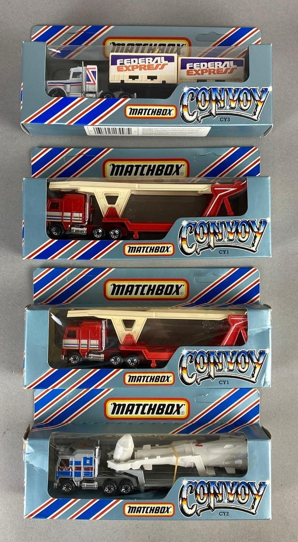 Group of 4 Matchbox Convoy Die-Cast Vehicles: Includes No. CY1 Kenworth Car Transporter, No. CY2 Kenworth Rocket Transporter, and No. CY3 Peterbilt Double Container Truck, Packaging measures 3 3/4 x 8 x 1 3/4 inches.