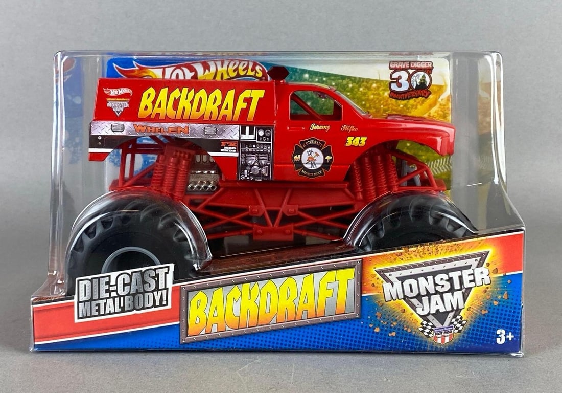 2012 Mattel Hot Wheels Monster Jam Backdraft Die-Cast Vehicle: Grave Digger 30th Anniversary, Packaging measures 5 x 8 1/4 x 5 1/2 inches.