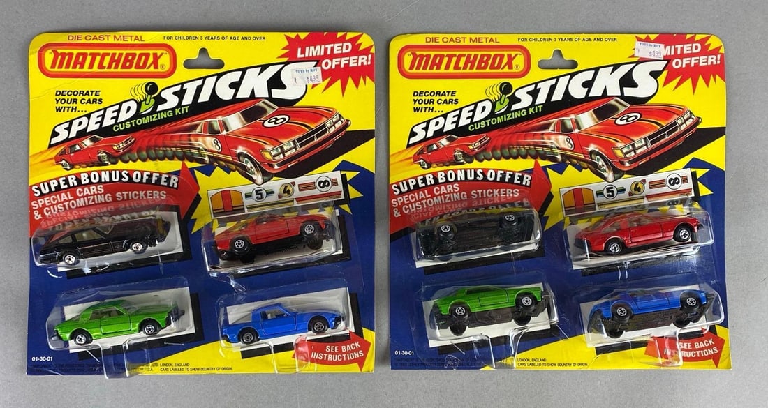 Group of 2 Matchbox Speed Sticks Die-Cast Vehicle Sets: 1980, Packaging measures 8 1/2 x 8 1/2 x 1 1/4 inches.