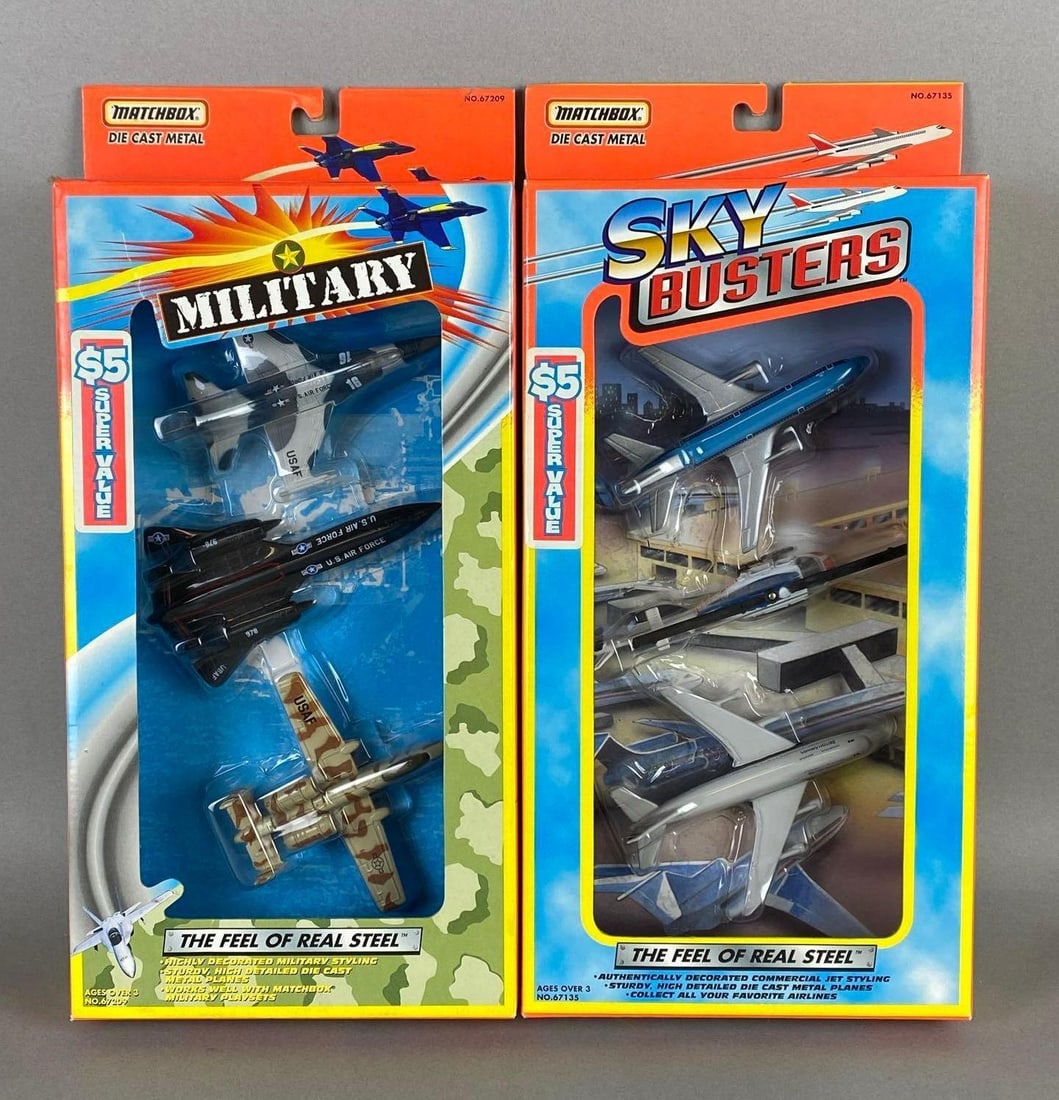 Group of 2 Matchbox Die-Cast Airplane Sets: 1996, Includes No. 67209 Military, and No. 67135 Sky Busters, Packaging measures 14 1/4 x 6 3/4 x 2 inches.