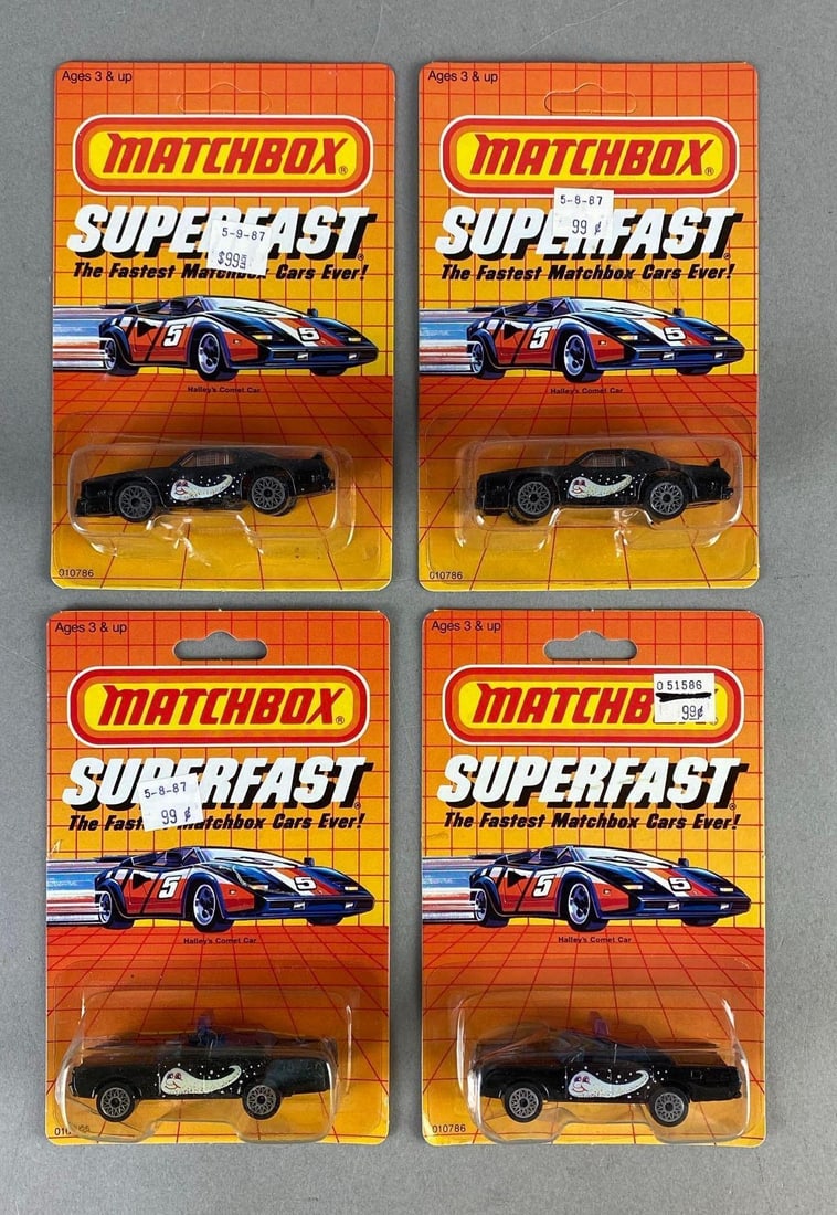 Group of 4 Matchbox Superfast No. 34 Halleys Comet Cars: Die-Cast, Packaging measures 6 1/2 x 4 1/4 x 1 1/2 inches.
