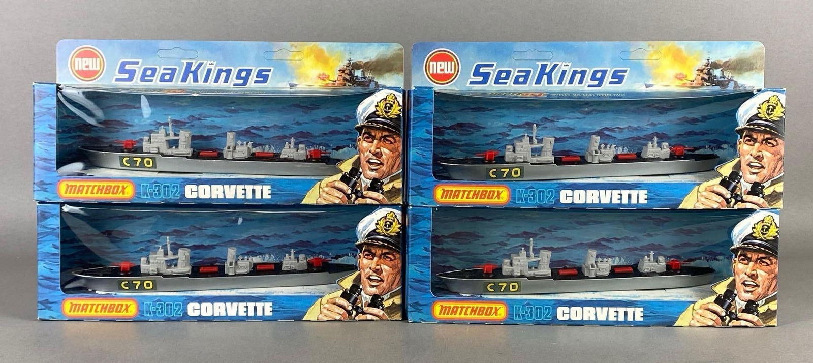 Group of 4 Matchbox Sea Kings K-302 Corvettes: 1975, Packaging measures 4 1/2 x 10 x 2 inches.