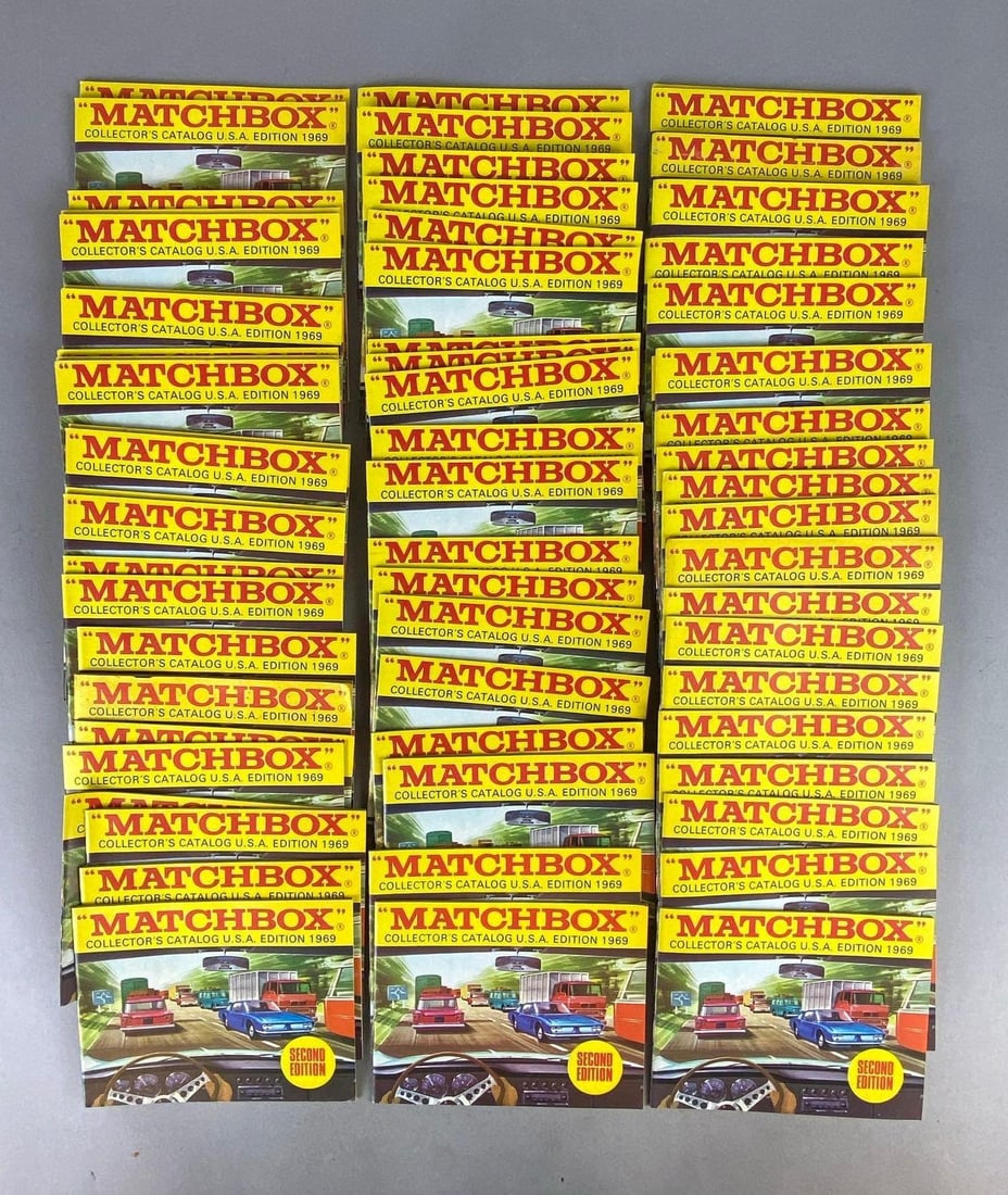 Group of 60+ 1969 Matchbox Collectors Catalogs: USA Edition, includes some second edition, All measure 4 1/4 x 5 1/2 inches.