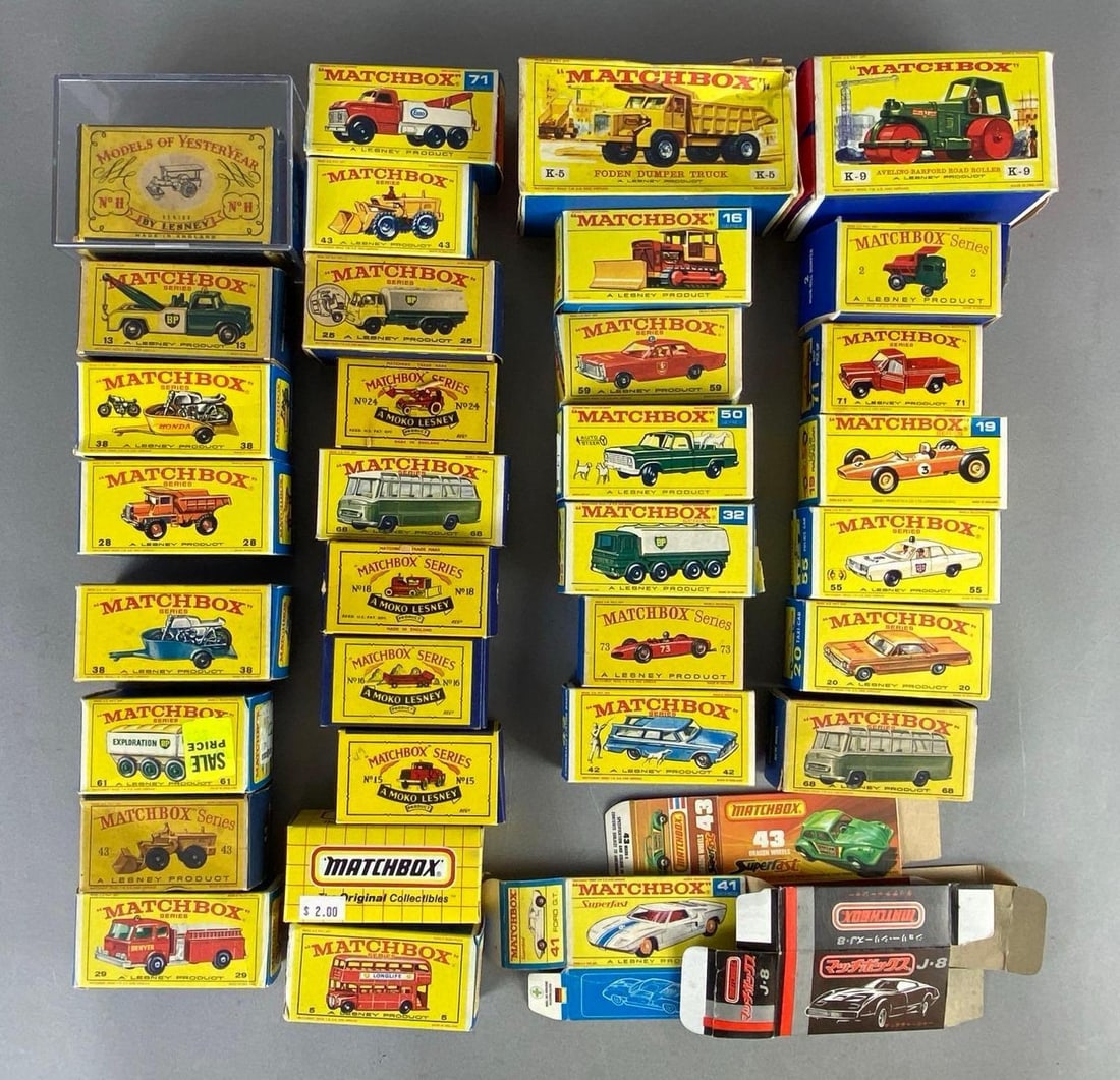 Group of Empty Matchbox Vehicle Boxes: Empty boxes only, Includes K-9, Moko Lesney, Models of Yeateryear, and more, Some tears or missing sides in boxes.