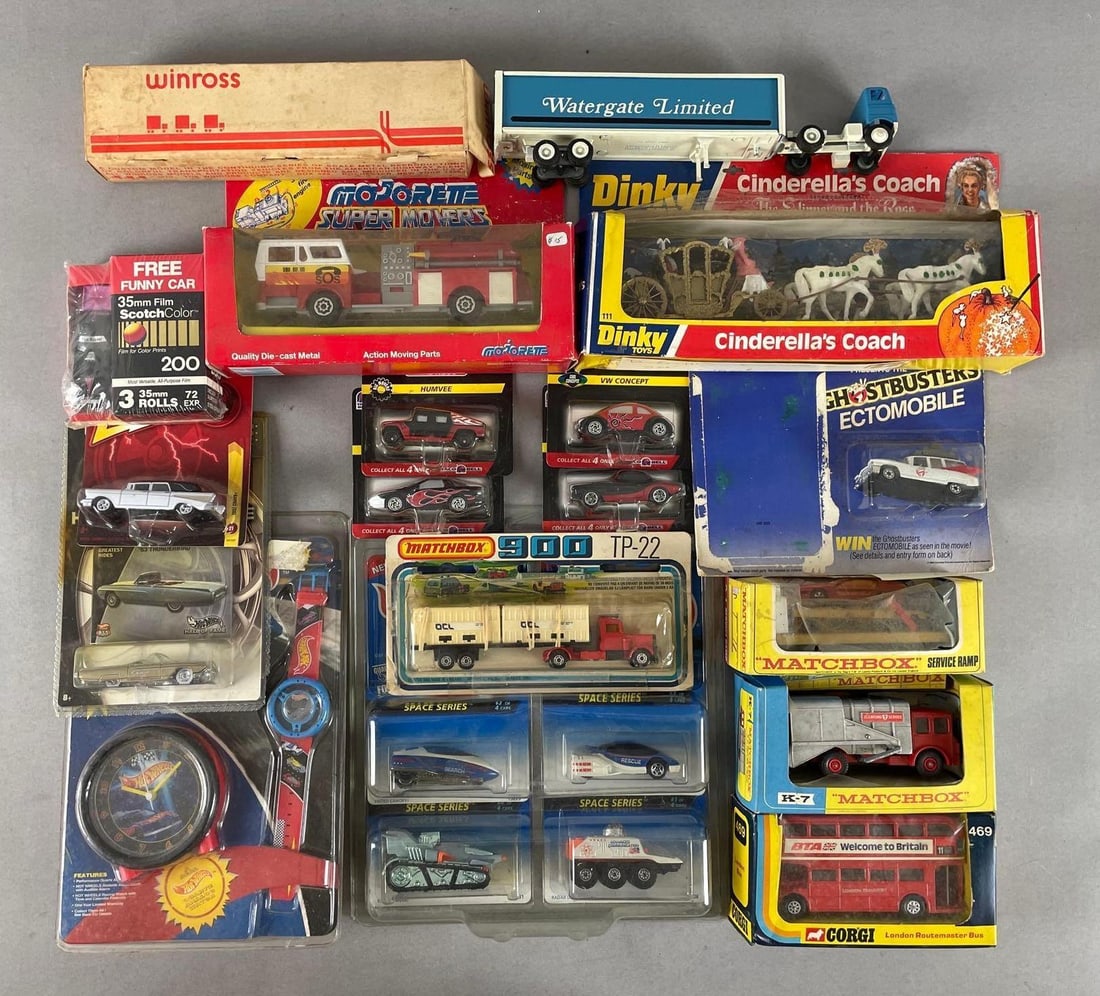 Group of Assorted Die-Cast Vehicles: Includes hot wheels, dinky Cinderella coach, matchbox, corgi