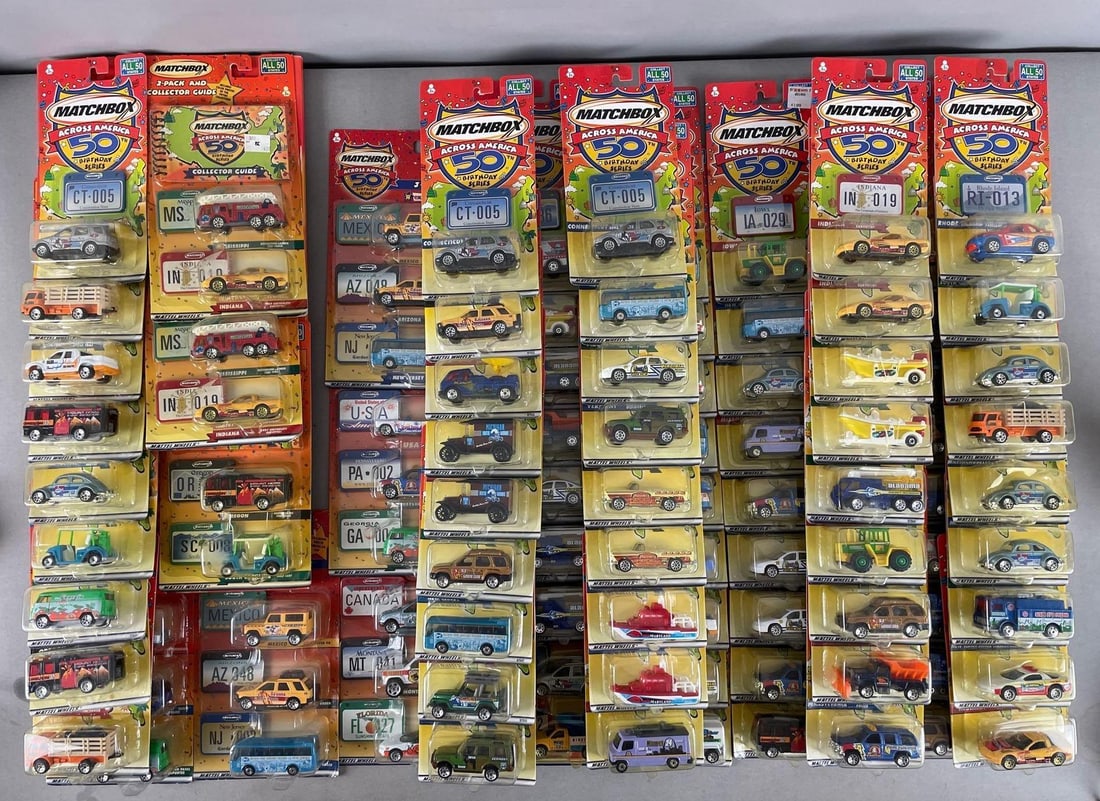 Group of Matchbox Across America 50th Birthday Die-Cast Vehicles: Includes collector boards, packs, guides