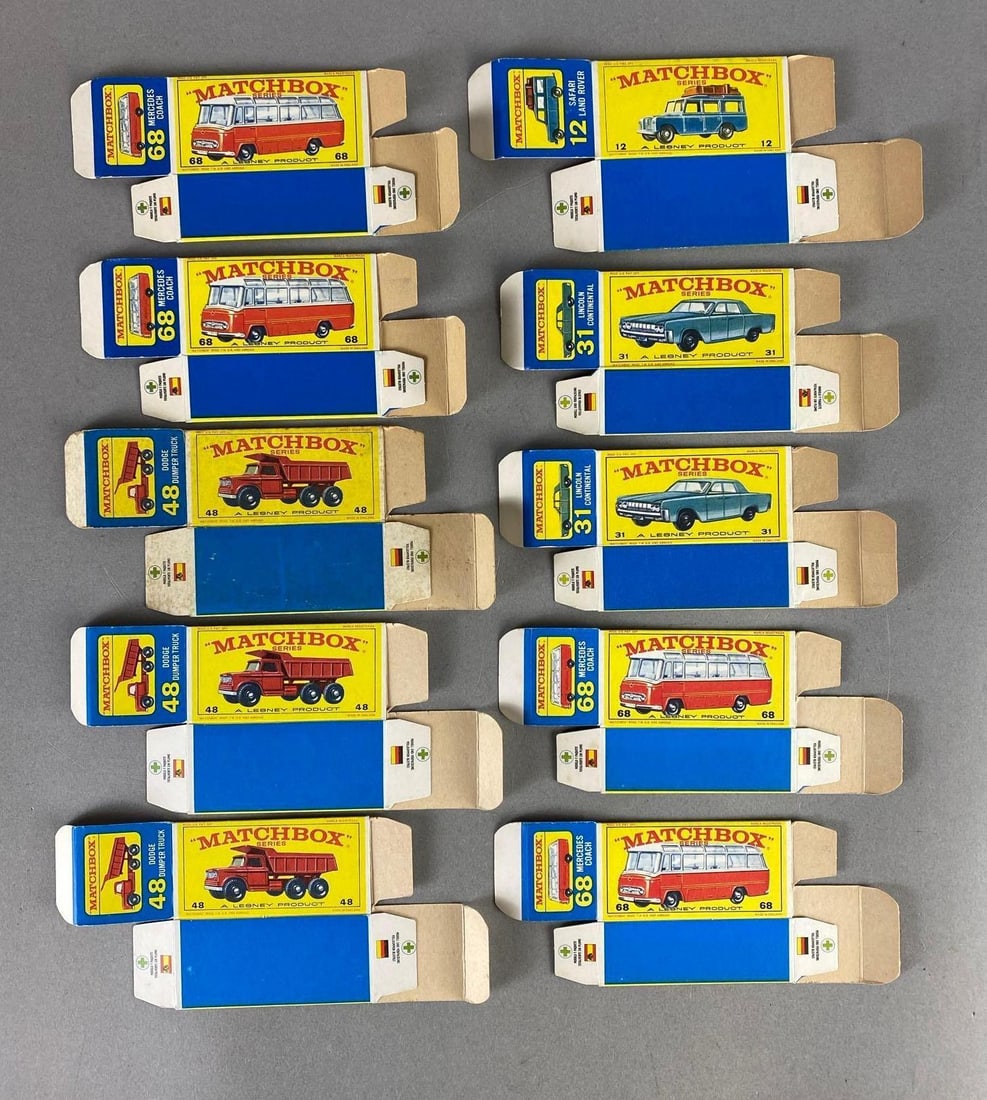 Group of 10 Matchbox Type E Boxes: Includes No. 68 Mercedes Coach, No. 48 Dodge Dumper Truck, No. 12 Safari Land Rover, and No 31. Lincoln Continental.