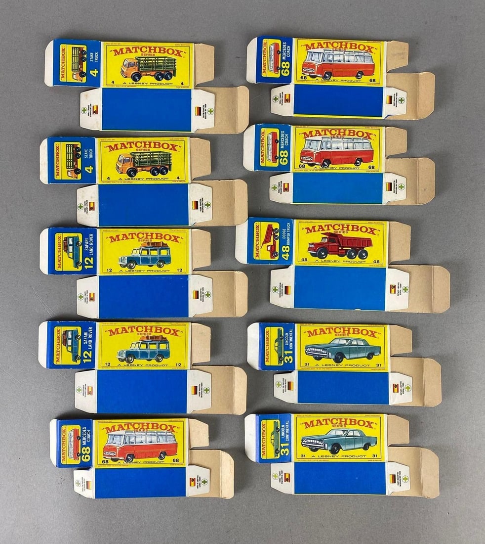Group of Matchbox Type E Boxes: Includes No. 4 Stake Truck, No. 12 Safari Land Rover, No. 68 Mercedes Coach, and more.