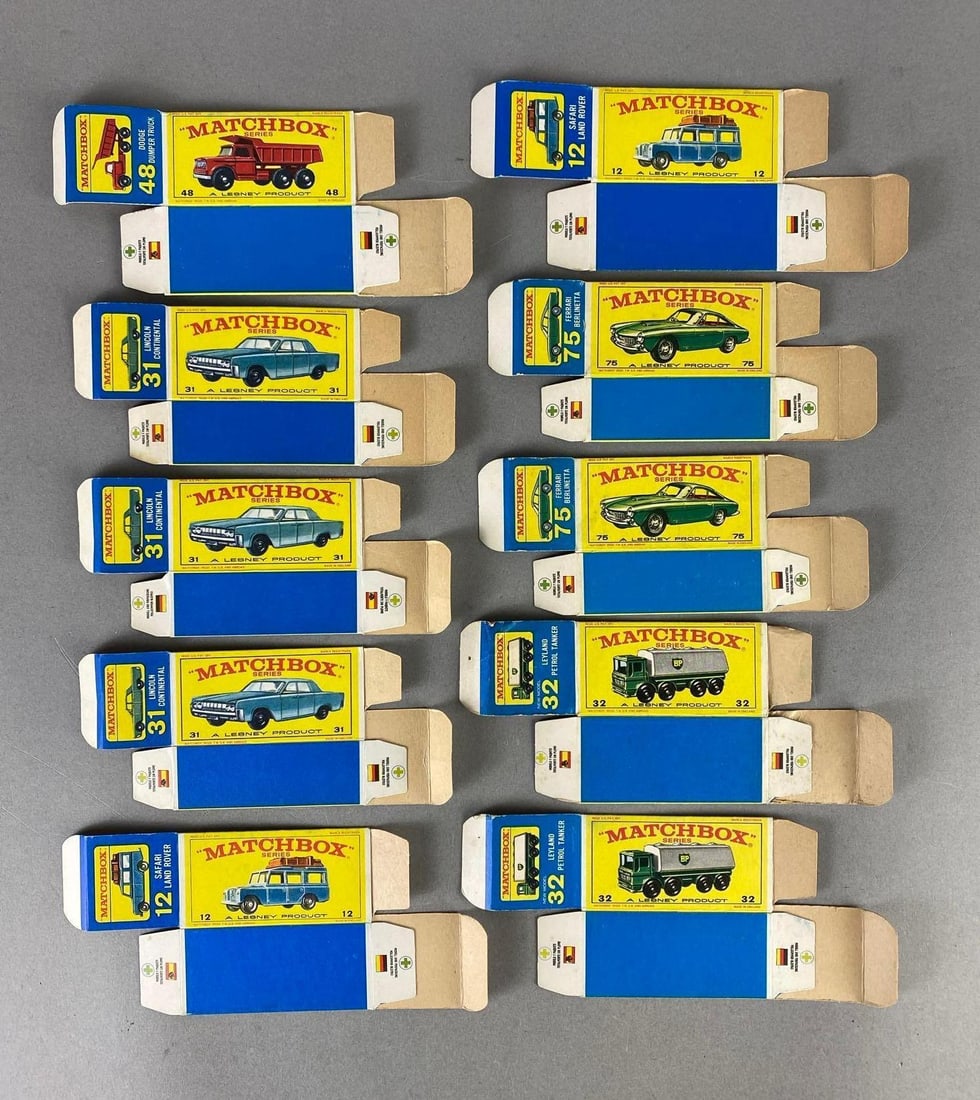 Group of 10 Matchbox Type E Boxes: Includes No. 48 Dodge Dumper Truck, No.31 Lincoln Continental, No. 12 Safari Land Rover, and more.