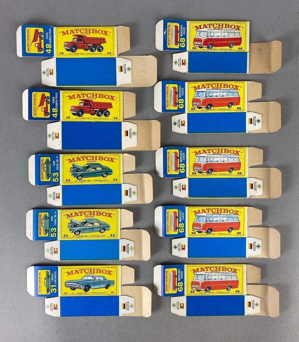 Group of 10 Matchbox Type E Boxes: Includes No. 68 Mercedes Coach, No. 48 Dodge Dumper Truck, No. 53 Ford Zodiac MK IV, and ano. 31 Lincoln Continental.