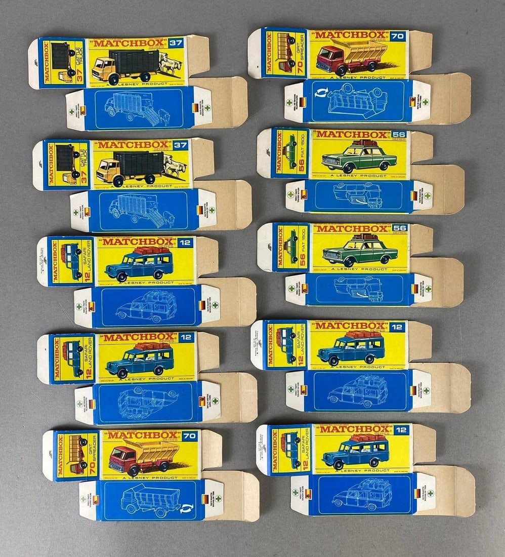 Group of 10 Matchbox Type F Boxes: Includes No. 37 Cattle Truck, No. 12 Safari Land Rover, No. 70 Grit Spreader, and No. 56 Fiat 1500.