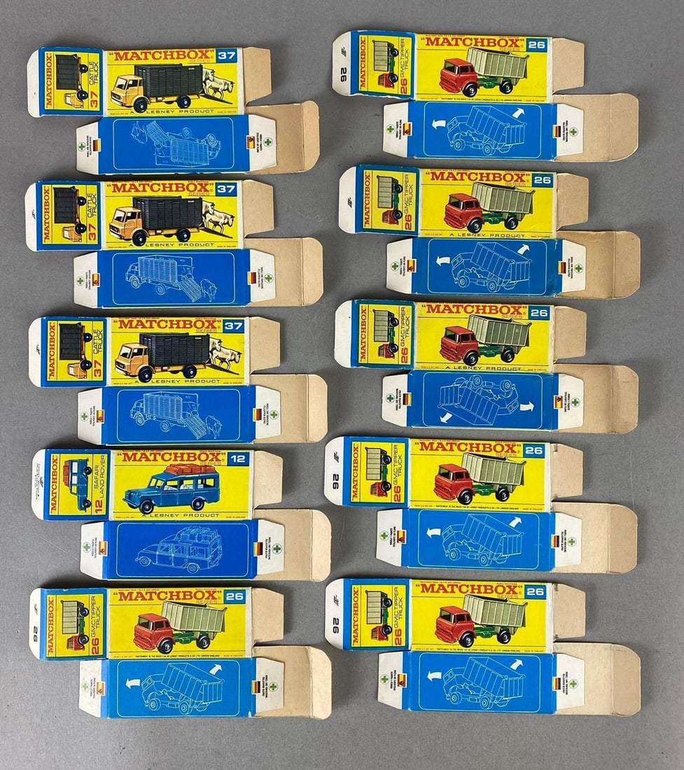 Group of 10 Matchbox Type F Boxes: Includes No. 37 Cattle Truck, No. 12 Safari Land Rover, and Bo. 26 GMC Tipper Truck.
