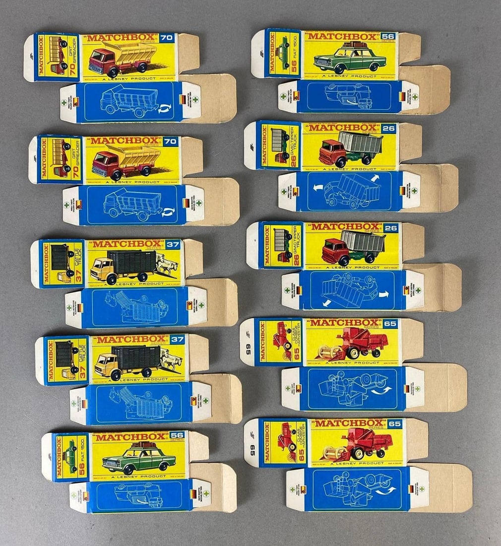 Group of 10 Matchbox Type F Boxes: Includes No. 70 Grit Spreader, No. 37 Cattle Truck, No. 56 Fiat 1500, and more.