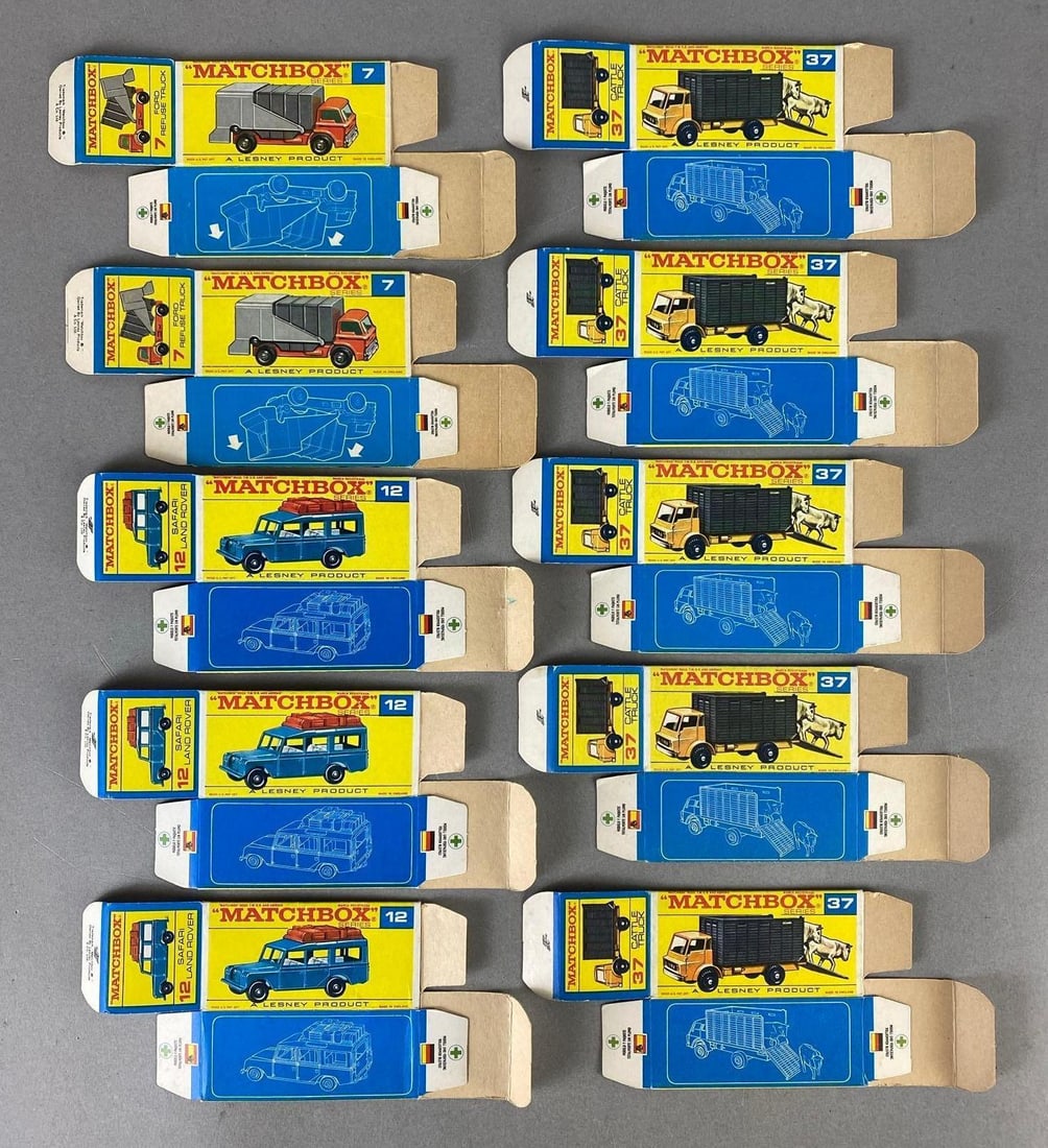 Group of 10 Matchbox Type F Boxes: Includes No. 7 Ford Refuse Truck, No. 12 Safari Land Rover, and No. 37 Cattle Truck.