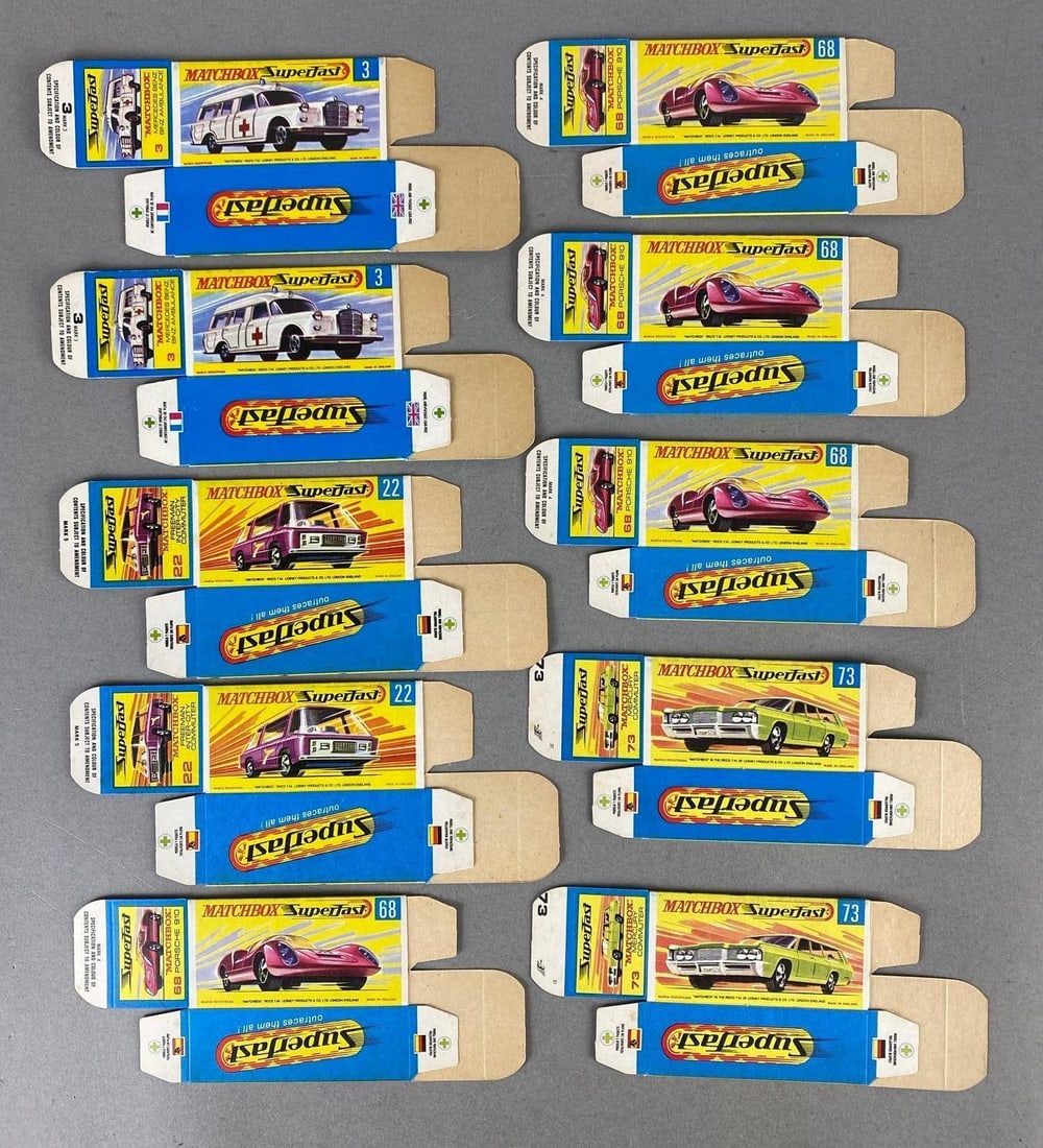 Group of 10 Matchbox Type G Boxes: Includes No. 3 Mercedes Benz Binz Ambulance, and. 68 Porsche 910, No. 22 Freeman Inter-City Commuter, and No. 73 Mercury Commuter.