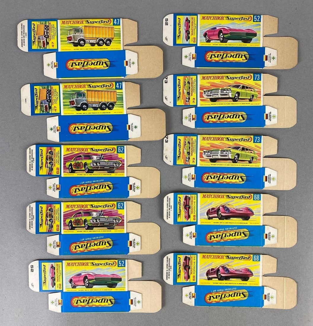 Group of 10 Matchbox Type G Boxes: Includes No. 47 DAF Tipper Container Truck, No. 62 Ray Rod Dragster, No. 52 Dodge Charger MK III, ans more.