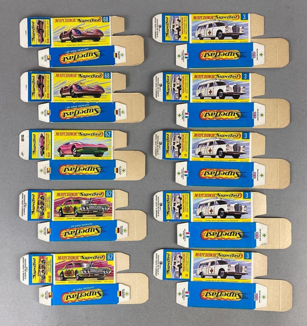 Group of 10 Matchbox Type G Boxes: Includes No. 68 Porsche 910, No. 52 Dodge Charger MK III, No. 62 Rat Rod Dragster, and No. 3 Mercedes Benz Binz Ambulance.