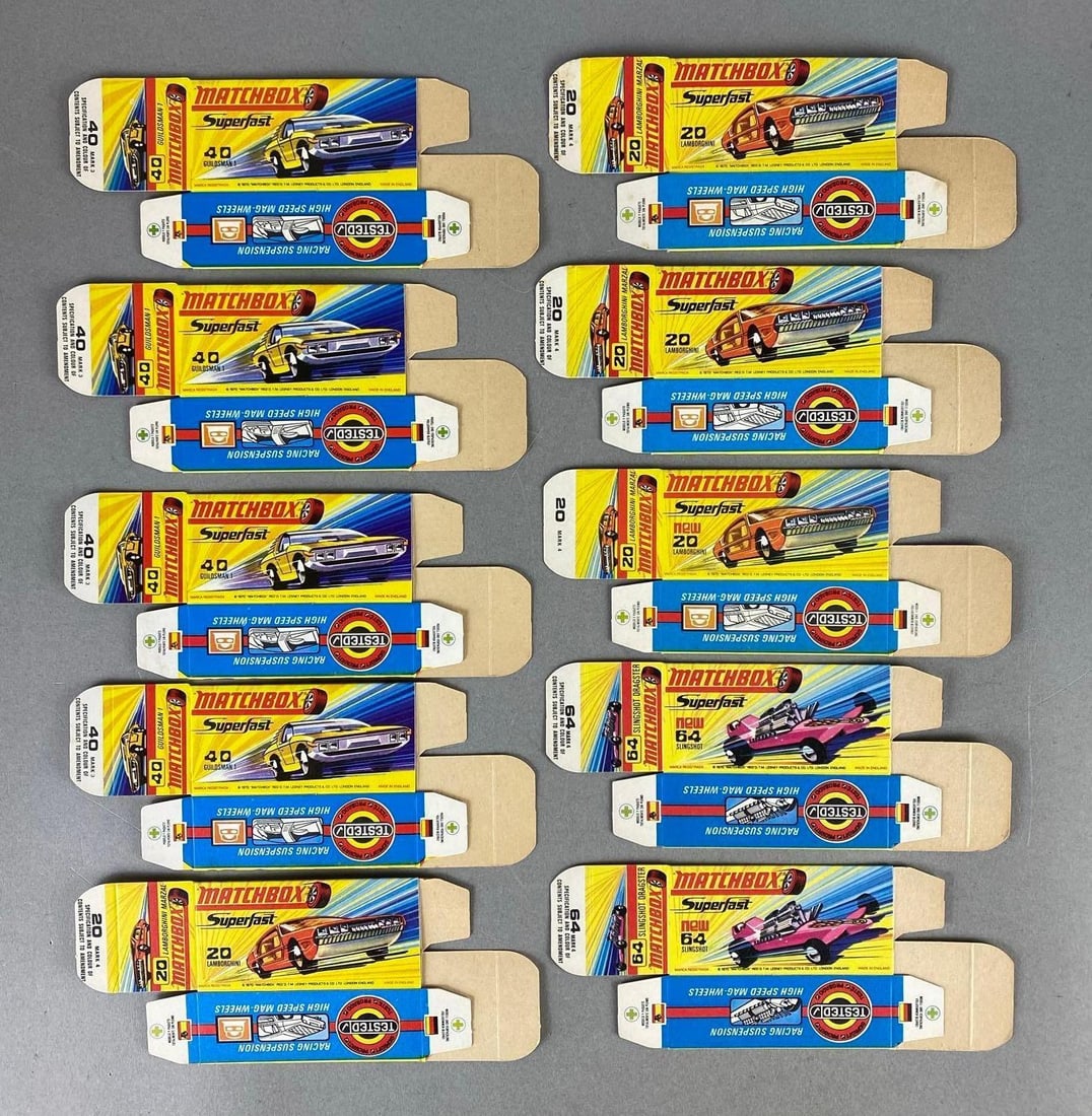 Group of 10 Matchbox Type H Boxes: Includes No. 40 Guildsman 1, No. 20 Lamborghini, and No. 64 Slingshot.