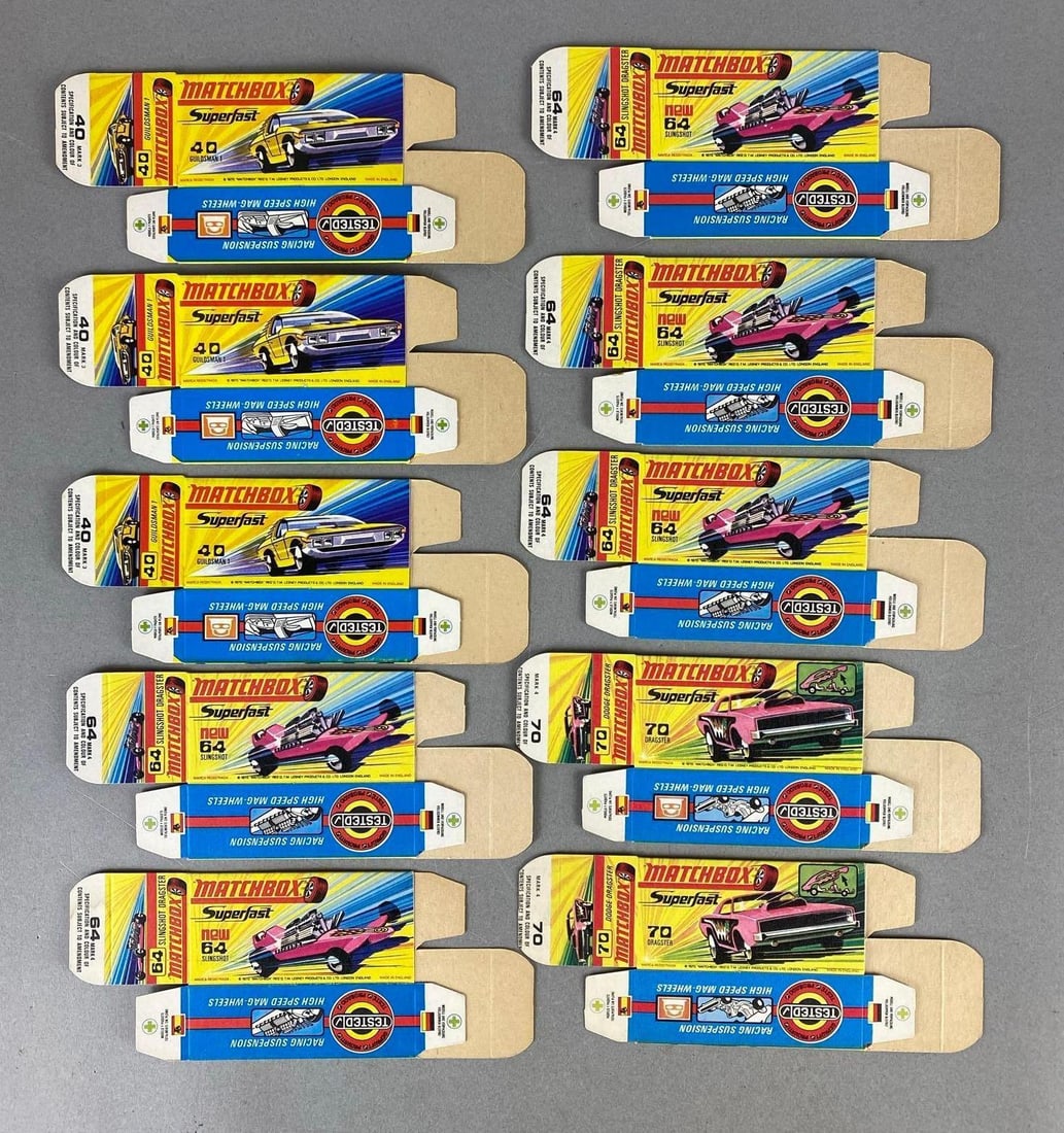Group of 10 Matchbox Type H Boxes: Includes No. 40 Guildsman 1, No. 64 Slingshot, and No. 70 Dragster.
