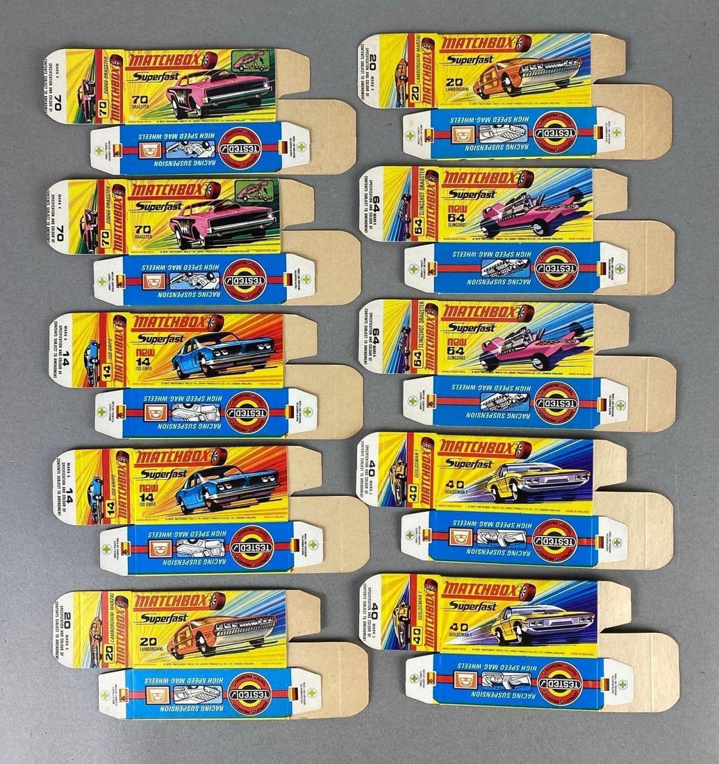 Group of 10 Matchbox Type H Boxes: Includes No. 70 Dragster, No. 20 Lamborghini, No. 14 ISO Grifo, and more.