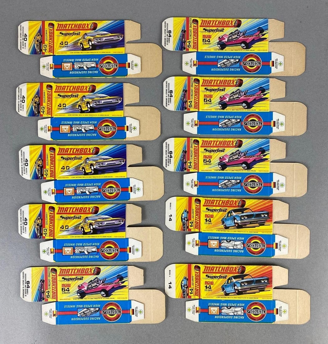 Group of 10 Matchbox Type H Boxes: Includes No. 40 Guildsman 1, No. 64 Slingshot, and No. 14 ISO Grifo.