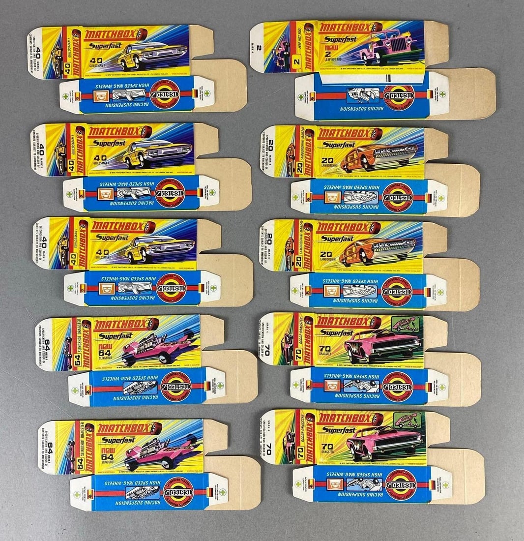 Group of 10 Matchbox Type H Boxes: Includes No. 40 Guildsman 1, No. 64 Slingshot, No. 2 Jeep Hot Rod, and more.