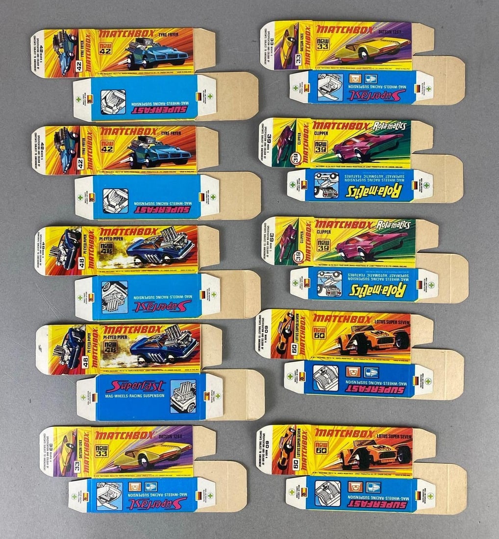 Group of 10 Matchbox Type I boxes: Includes No. 42 Tyre Fryer, No. 48 Pi-Eyed Piper, No. 33 Datsun 126X, and more.
