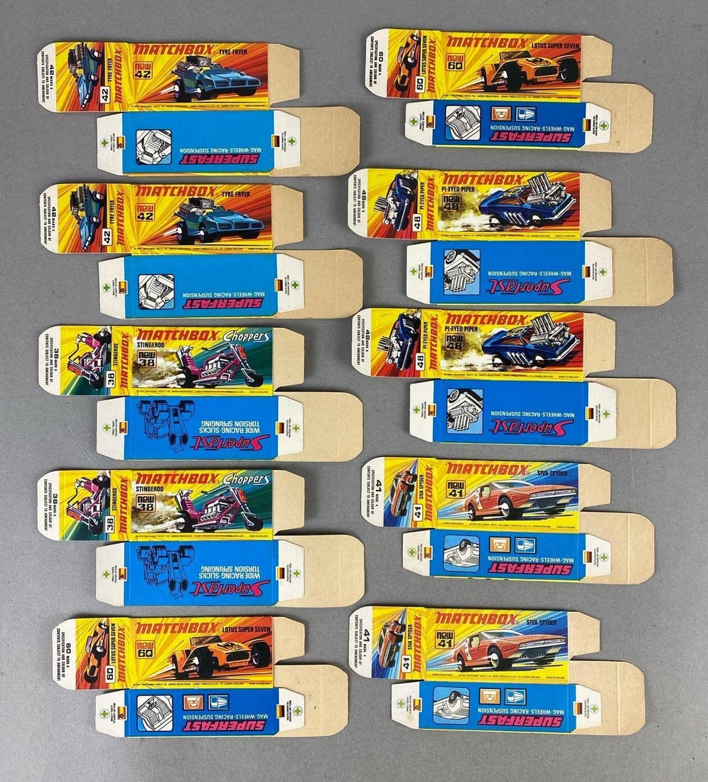 Group of 10 Matchbox Type I Boxes: Includes No. 41 Siva Spyder, No. 60 Lotus Super Seven, No. 42 Tyre Fryer, and more.